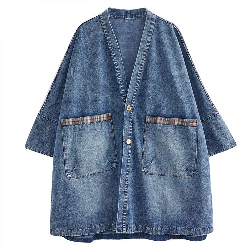DIMANAF 2023 Podzimní košile Denim Coat Halenka Ležérní Košile s dlouhým rukávem Dámská košile Kostkovaná Volná Modrá Patchwork Vintage Dámské topy s výstřihem do V