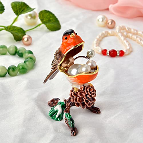 European Robin Figurine, Home Decor, Bird Trinket Box, Jewelry Box with Hinges, Golden Handmade Crystal, Animal Keepsake, Bird Lover Gift