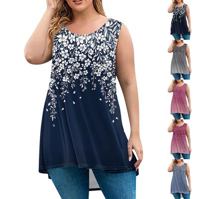 Women's Fashion Large Size Round Neck Sleeveless Casual Print Loose Pullover Top