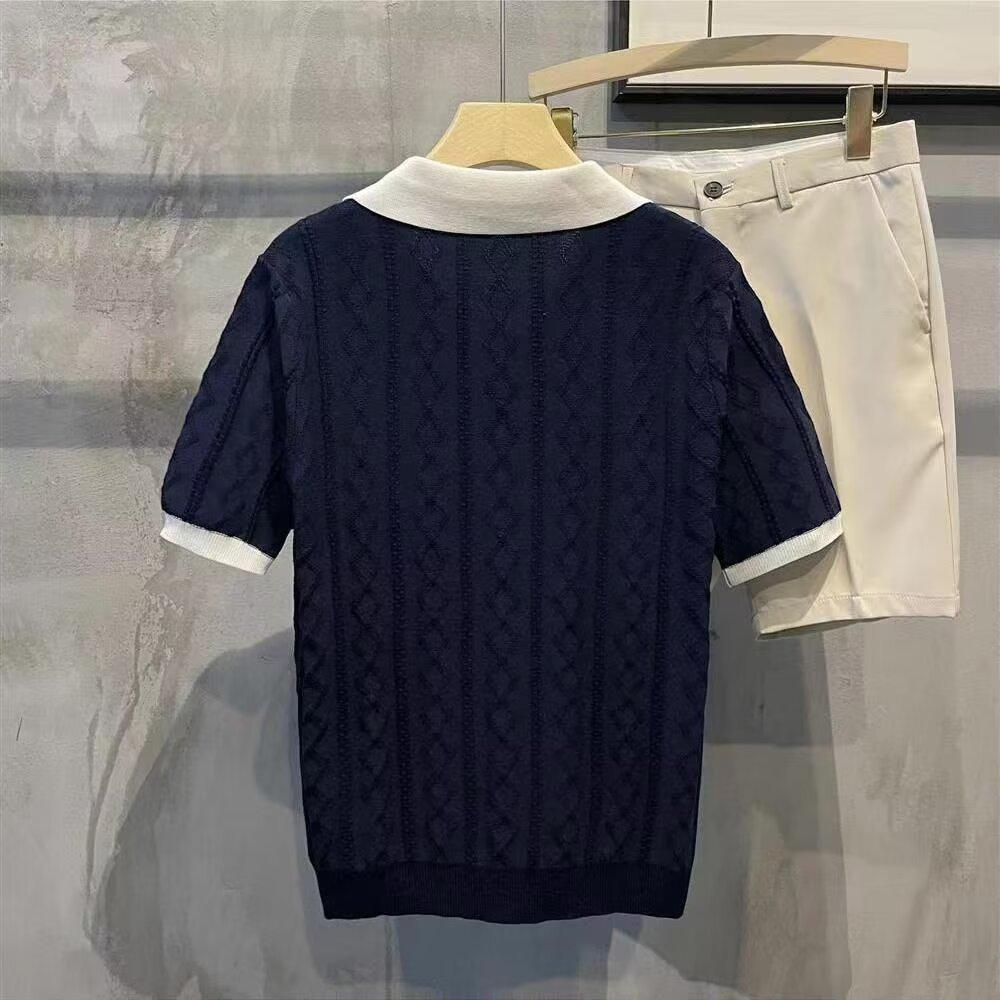Men's Summer Knitted Slim Fit Polo Shirt - Korean Style, Short-Sleeve, Pure Color, Ice Silk with Casual Lapel