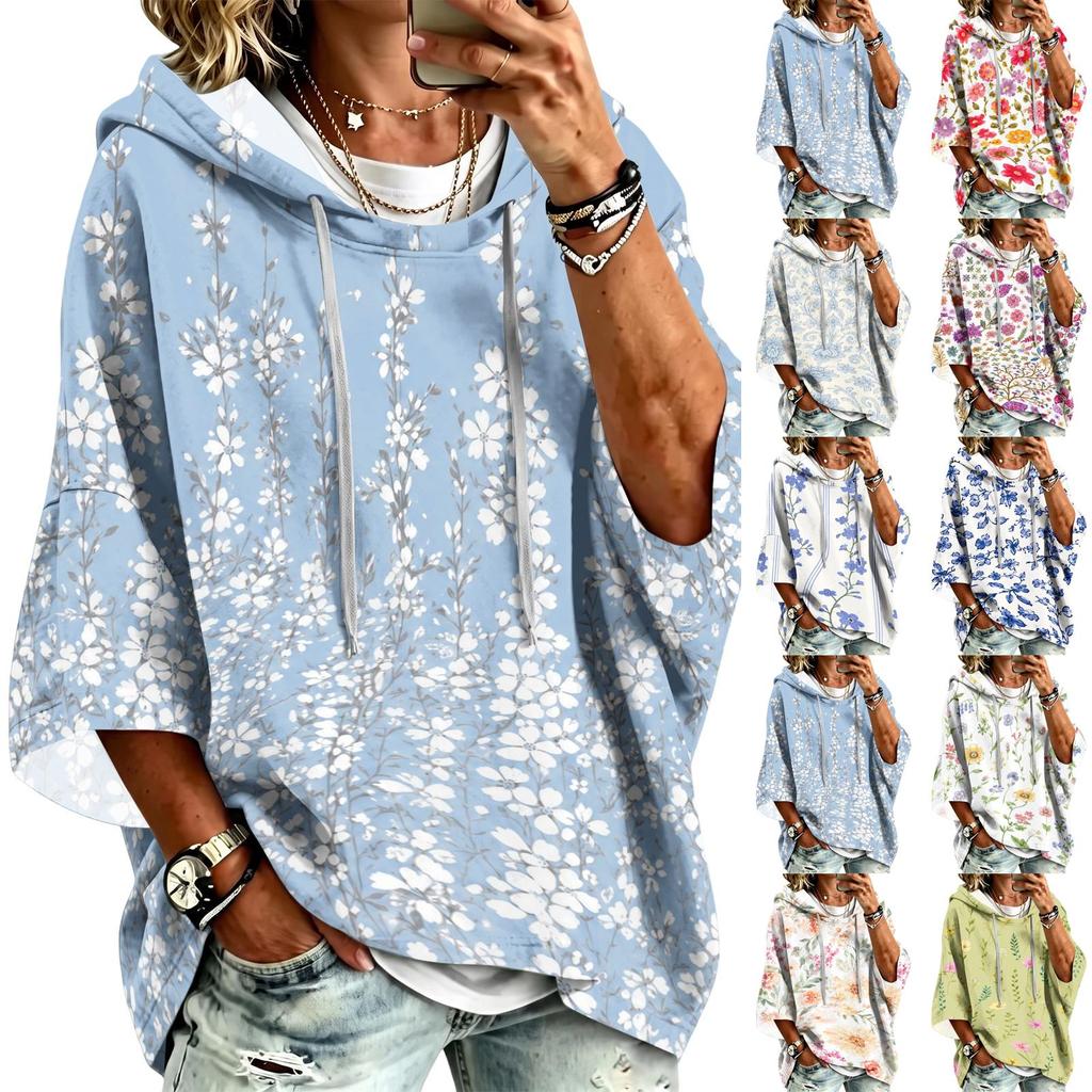 Women's Hooded Pullover Top with Three-Quarter Sleeves Floral Print Casual Fashion Top