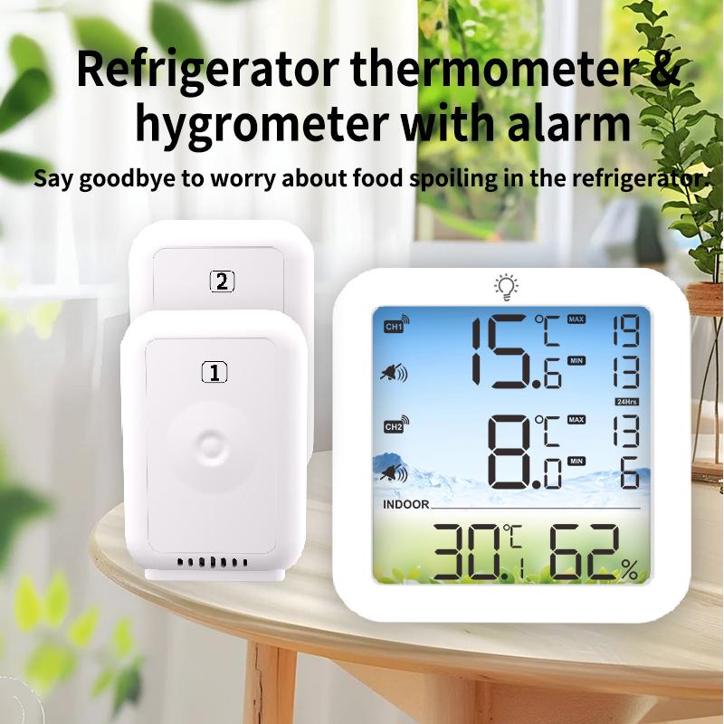 Digital Refrigerator Thermometer Wireless In/Outdoor Freezer Fridge Temperature Humidity Monitor Limit Alarm 2 Sensors Backlight