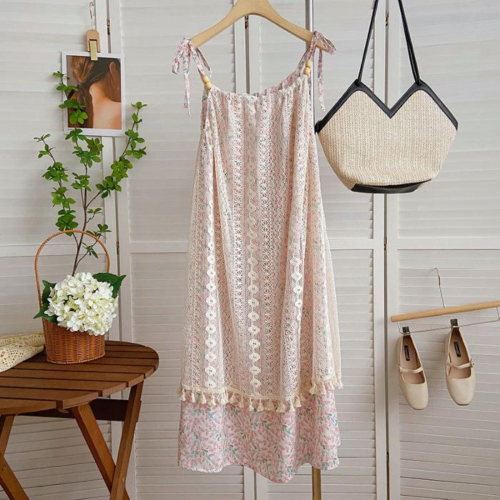 French Retro Fringed Splicing Sweet Dress Children's Summer New Thin Temperament Suspender Sleeveless Medium and Long Dress