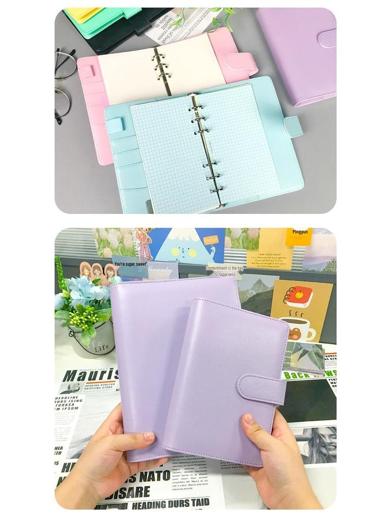 Korean Heart Macaron A5/A6 Ring Binder Notebook - PU Journal with 6-Hole Design