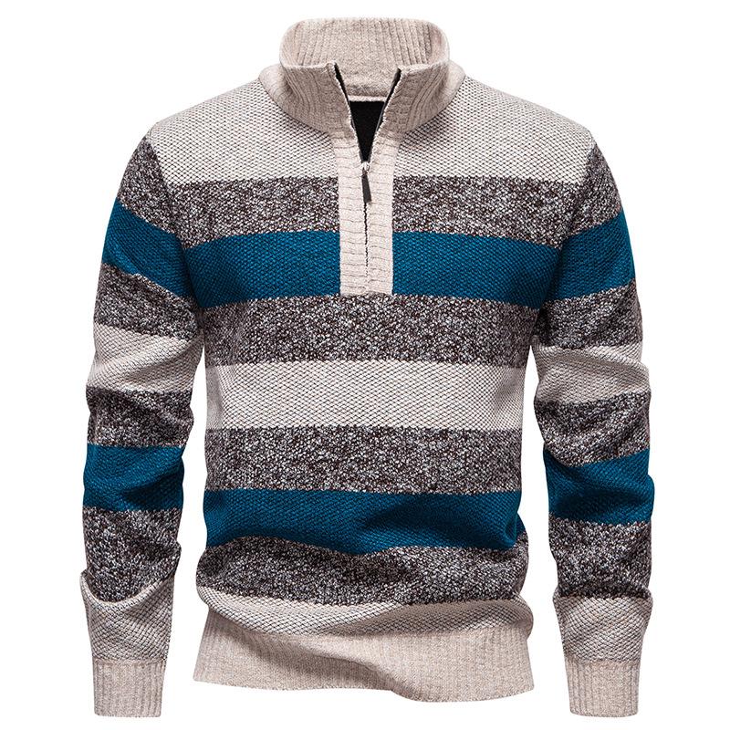 

Autumn And Winter Men S Stand-Up Collar Half-Zipper Knitted Sweater Top Fleece Thickened Fashion Striped Pullover M бежевый