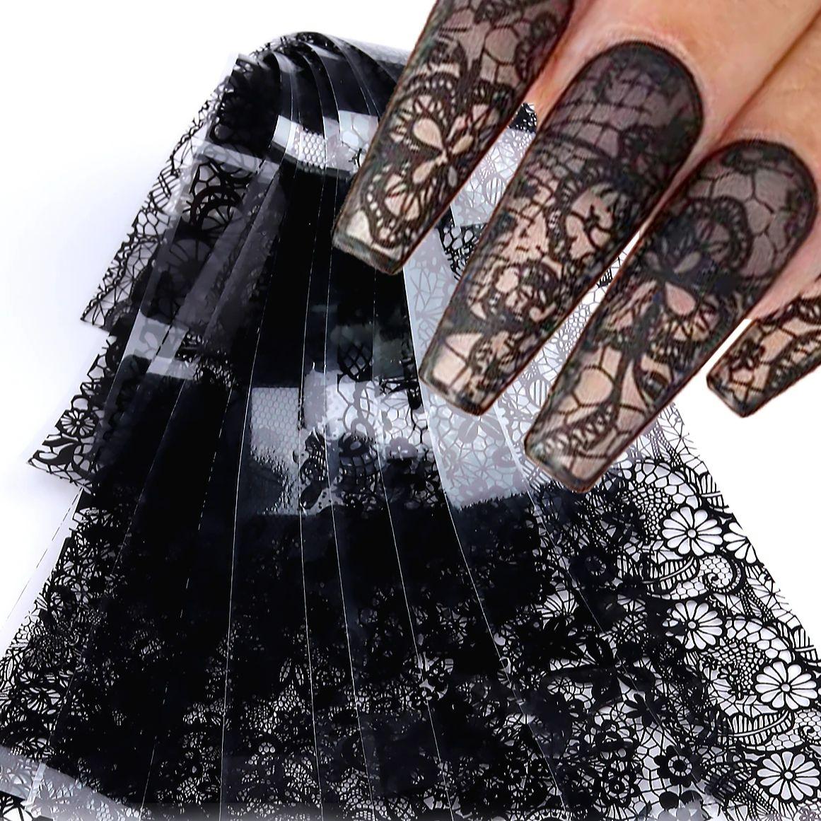 10 Vellen Kant Nail Foil Wit & Zwart Nagels Stickers Ontwerp Transfer Folies Sterrenhemel Papier Nagellak Folie Decals voor Nagel Salon