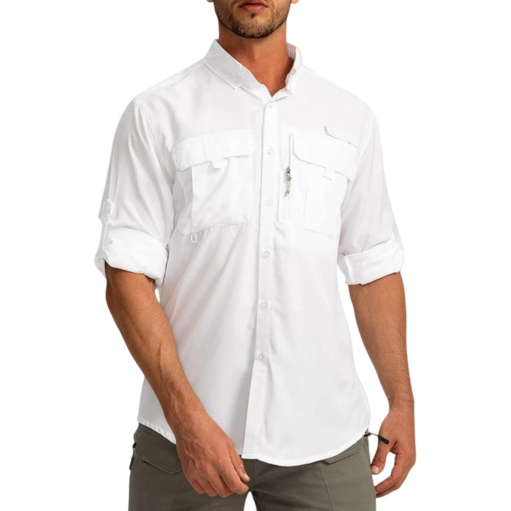 Men's Color Casual Loose Button-Down Collar Faux Pocket Long-Sleeved Shirt