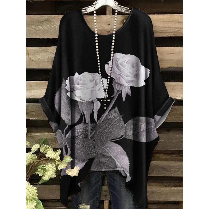 Vintage Floral Print Irregular Fashionable Short Sleeve T-Shirt for Women Women's Clothing Loose and Casual Oversized Top