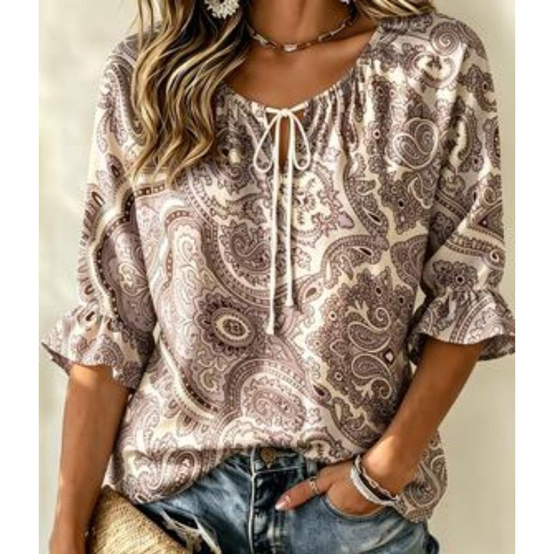 Women's Boho Paisley Print Tie Neck Blouse Ruffle 3/4 Sleeve Relaxed Fit Ethnic Casual Holiday Tunic Top