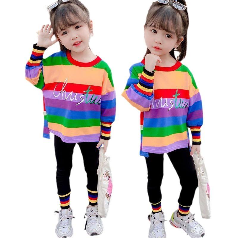 Girls Spring Autumn Rainbow 2 Piece Set Fashionable Casual Outfit For Little Kids Trendy Clothing