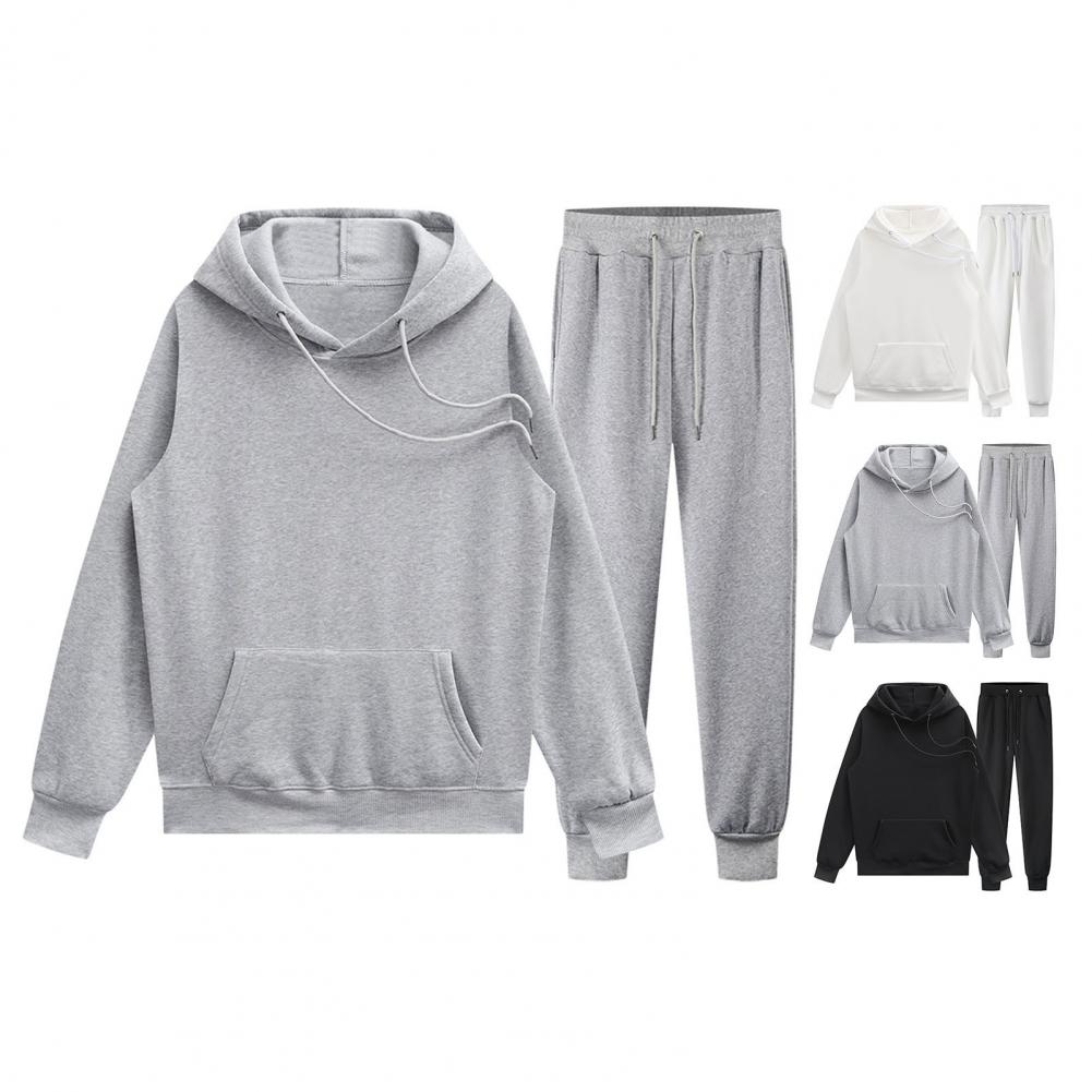 2Pcs/Kit Spring Autumn Couple One Tone Sport Outfit Hooded Drawstring Long Sleeve Sweatshirt Elastic Waist Pockets Long Pants