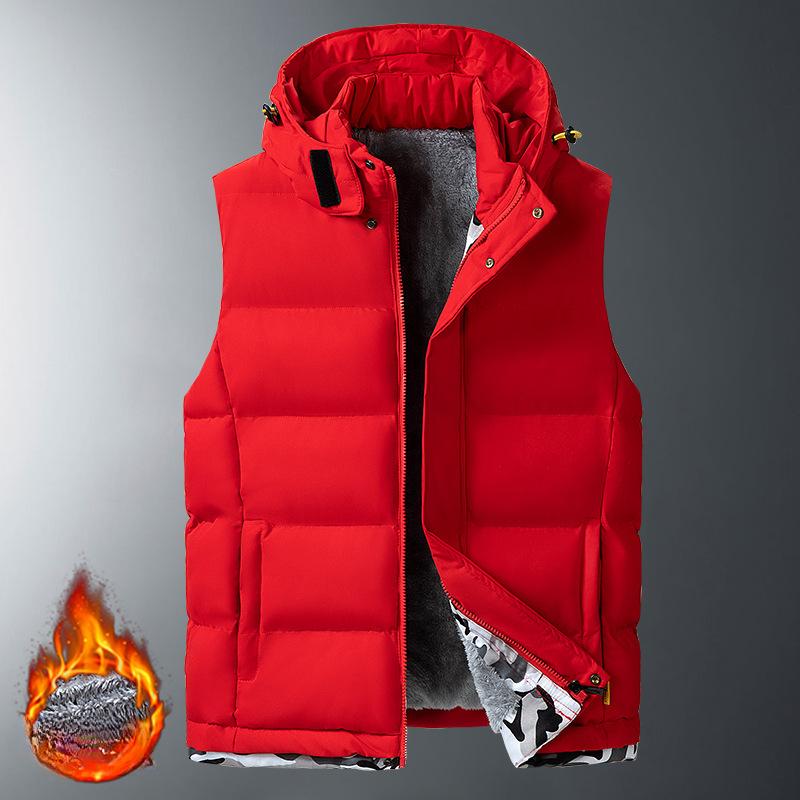 Large Size Autumn and Winter Vest Men's Removable Hat Sports Cotton Jacket Lamb Velvet Vest Plus Velvet Thickened Horse Clip Jacket