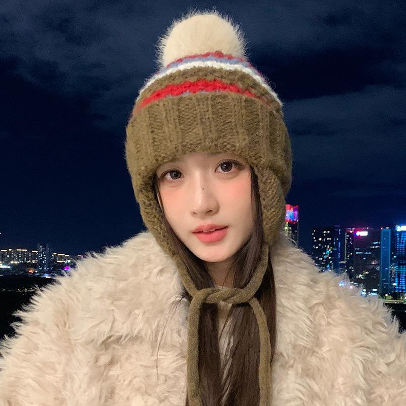Korean Version of Versatile Knitted Wool Hat for Women In Autumn and Winter Thickened Windproof Ear Protection Hat Cute Wool Ball Warm Lei Feng Hat