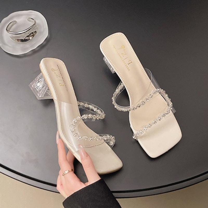 Women's Crystal Slippers Transparent Pvc Temperament Cool Slippers for Women Square Head Open-toed High Heeled Sandals Sandalias