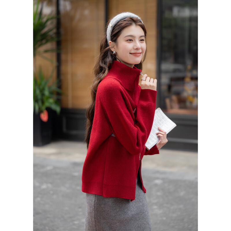 ITISF4 Women's Loose Striped Double-Zip Knit Sweater