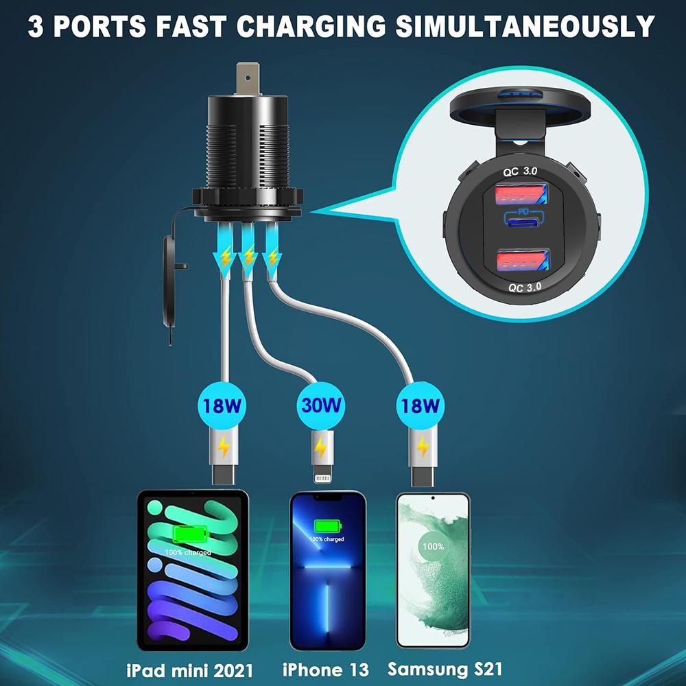 66W Car Charger Socket 12V/24V Socket 3 Ports USB Fast Charging PD and QC3.0 Car USB Port With LED Light and Touch Switch