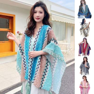 Boho Shawl with Fringes Ethnic Style Patchwork Color Women Scarf Autumn Winter