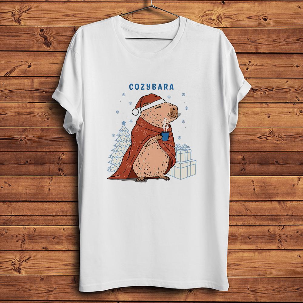 Capybara Cozy Xmas Funny Yule Christmas Tshirt Casual Short Sleeve White TShirt Unisex Gift TeeNocracking Breathable Print S