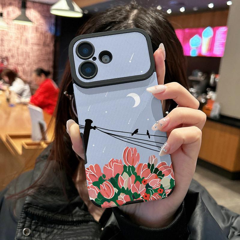 Sunflowers Tulips Floral Printed Vertical Grain Leather Soft Silicone Phone Case Back Cover with Camera Lens Full Protection for iPhone 17
