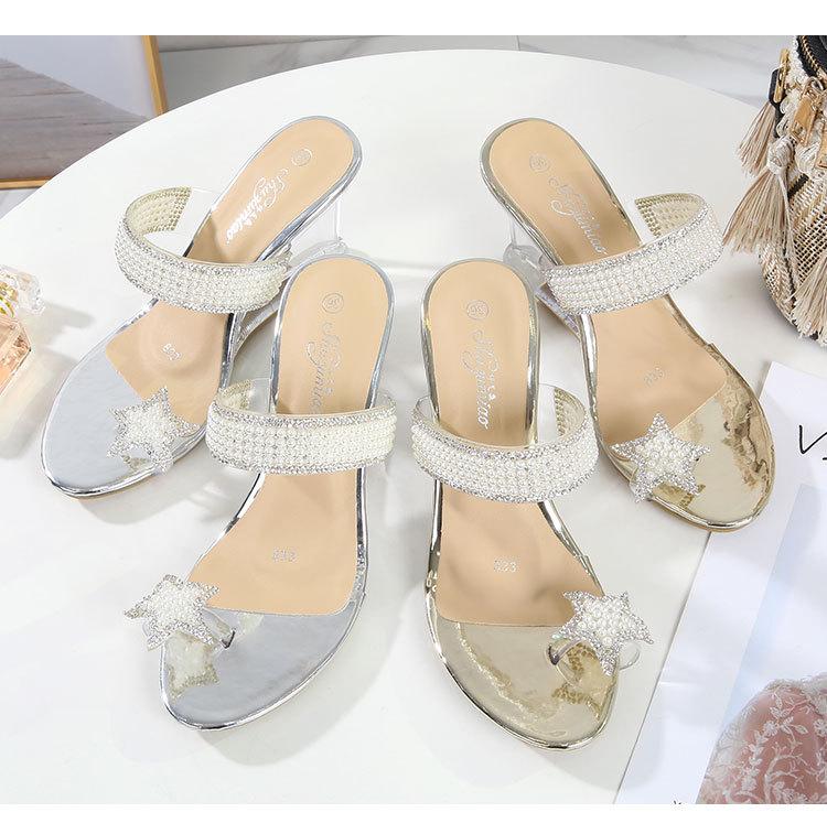 Pearl Clip Foot Slope Heel Dámské Léto Nové Sexy Crystal Transparentní Vysoké podpatky Skleněné drahokamy 1098 Series 6cm LFD