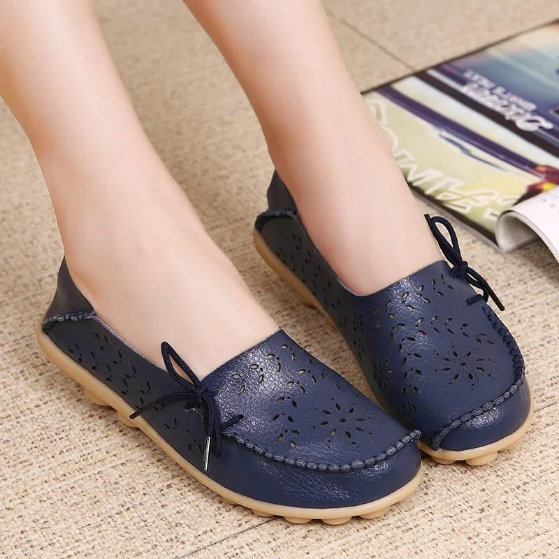 Fashion Sizes 34-44 Genuine Leather Flat Shoes Women Fashion Casual Nurse Shoes Hollow Soft Sole Non Slip Women's Shoes  Zapatos Mujer