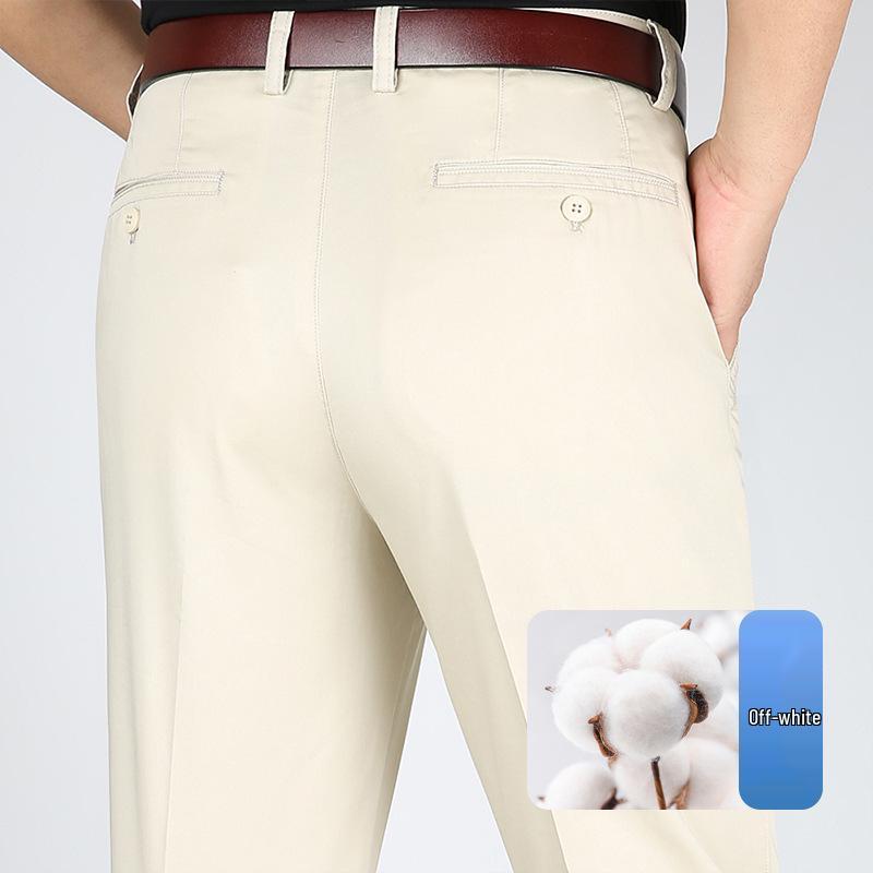 Men's High Waist Straight Leg Cotton Pants - Summer Casual, Solid Color, Middle-Aged, Loose Fit, Deep Crotch, Dad Trousers