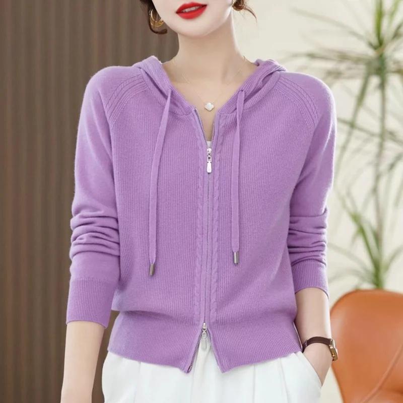 Autumn Fashion Outerwear Knitted Sweater Hooded Cardigan Women's Fashion Outerwear Long Sleeved Loose Solid Color Sweater Jacket