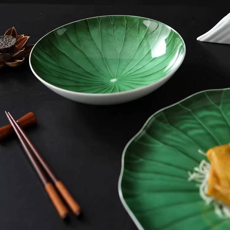 BEPAN 1PC Unique Green Lotus Leaf Plate Hotel Tableware Exquisite Ceramic Plates Creative Chinese Food Ceramic Dinnerware