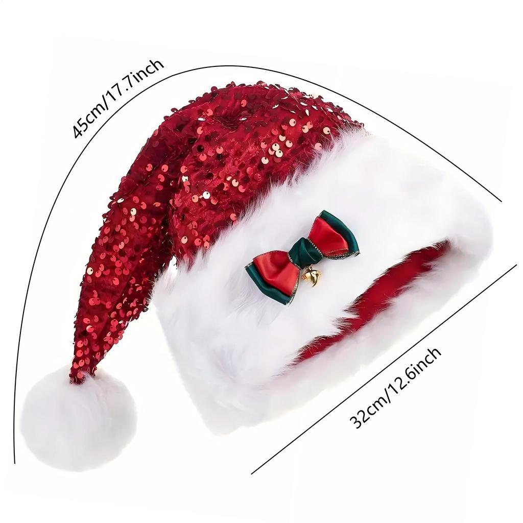 Christmas Hat with Sequins Bow Design Plush Warm Enlarged Thickened Holiday Party Decoration Hats for Women Beanie Winter Hat