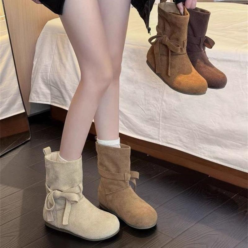 Butterfly Knot Mid-tube Boots 2025 New Round Toe Suede Sleeve Soft Sole Anti-slip Wear-resistant Flats