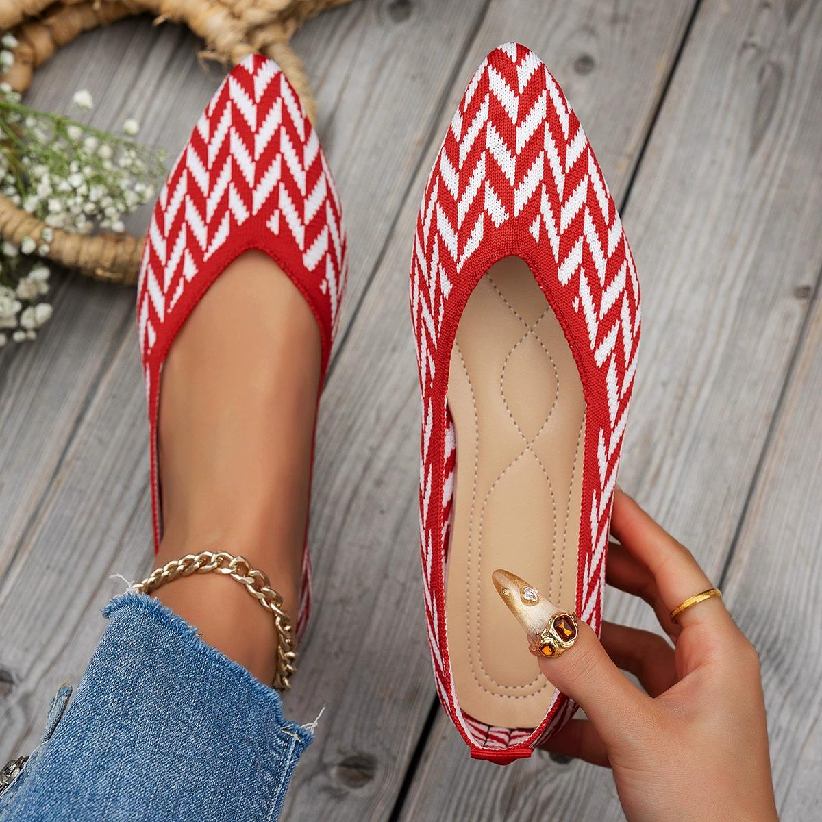 

Летающие вязаные женские туфли Новые остроносые вязаные туфли Удобные плоские туфли Bean Туфли большого размера для женщин 41 красный