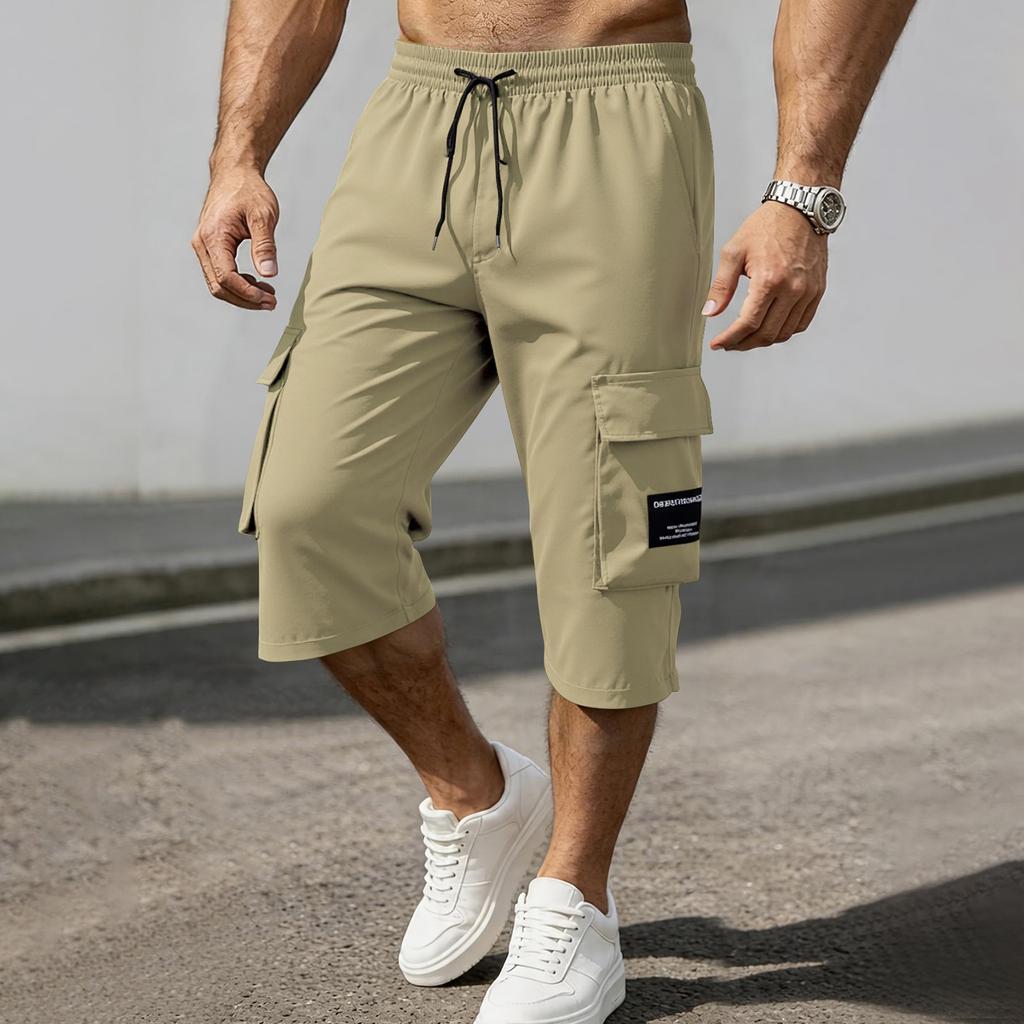 Pantaloni bărbătești cu lungime trei sferturi, cu șnur, talie elastică și buzunare