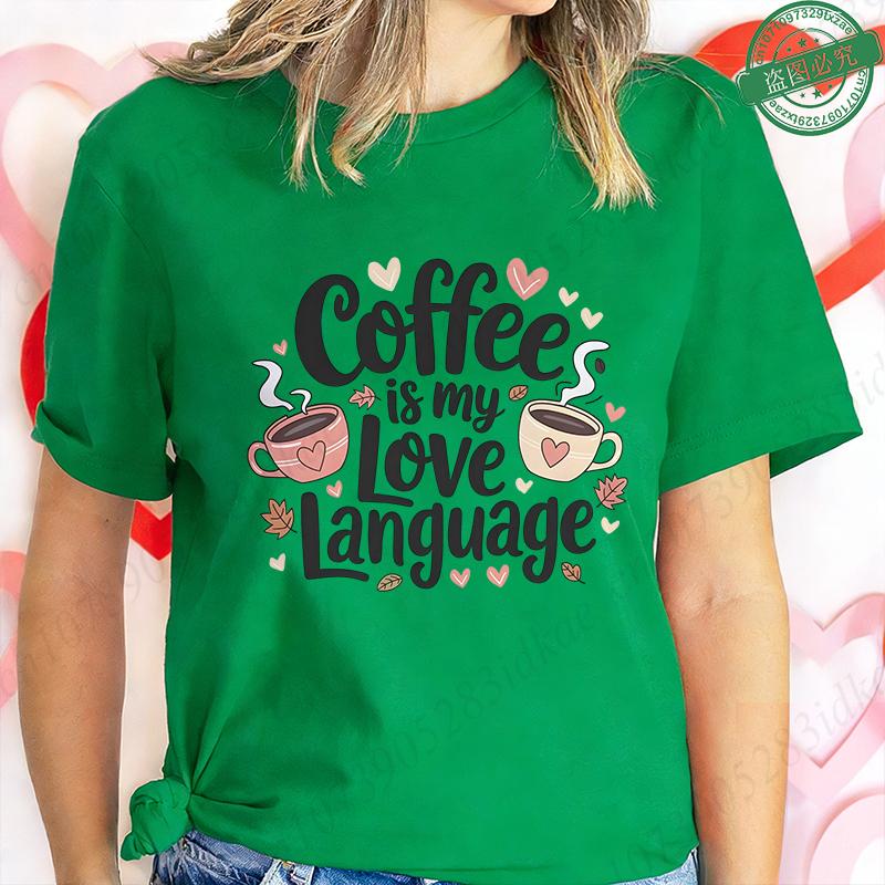 Coffee Is My Love Language T-Shirt for Women Cute Pink Coffee Cup Cartoon Graphic Tee Funny Summer Short Sleeve Female Clothing