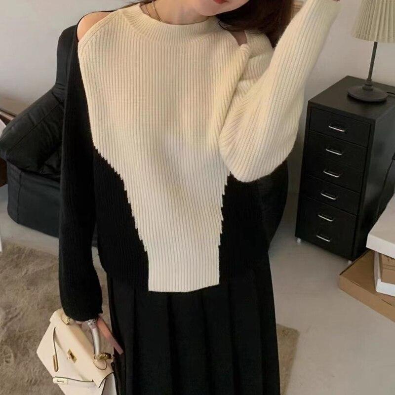 

Пуловер, свитер, шикарный трикотаж, однотонный корейский свитер с длинными рукавами, свободный цветной контрастный свитер с круглым вырезом, женский топ