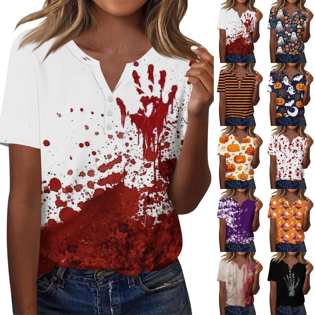 Womens Halloween Print Button Down Shirt Casual V Neck Short Sleeve T Shirt Lightweight Summer Top for Everyday Wear