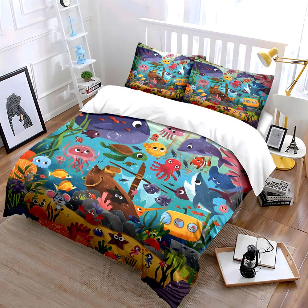 Colorful Underwater Cartoon Scene. Print Bedding Set 1 Duvet Cover 2 Pillowcases For Adult And Children Luxury Gift Full Size