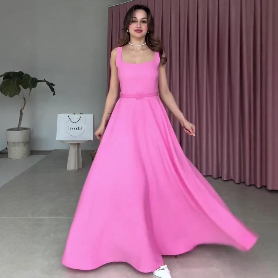 

2025 Summer European & American Sleeveless French Low-Cut Belted Long Dress for Women 2XL яскраво-рожевий колір