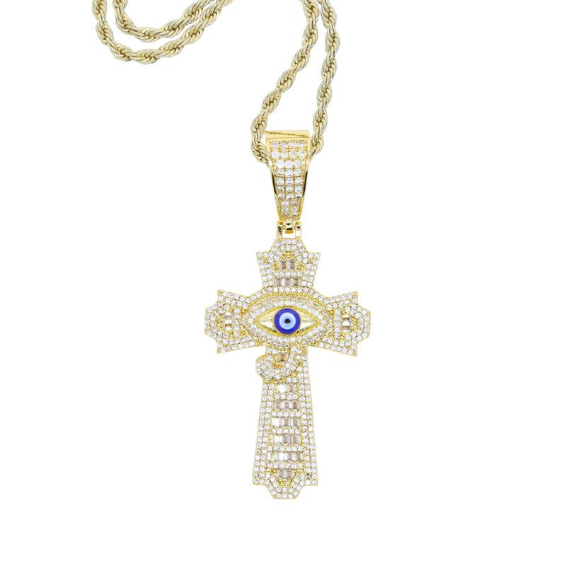 Dropshipping Ready Cross Necklace Blue Eye Zircon Pendant for Men золотой