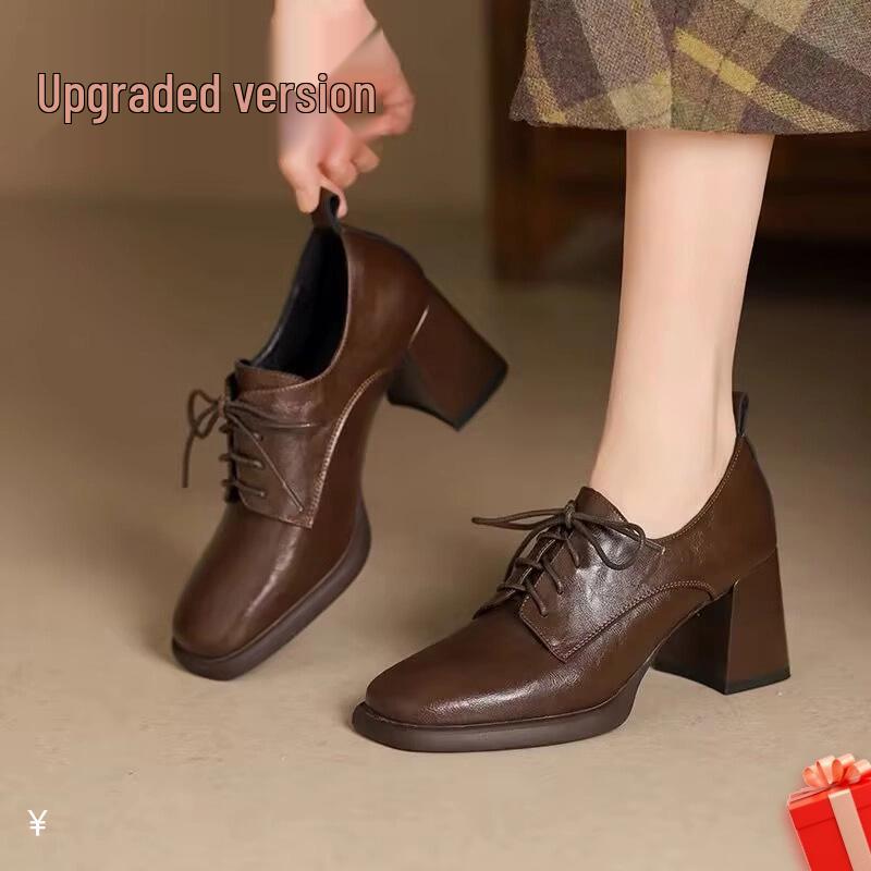 British-Style Women's Lace-Up Chunky Heel Loafers - Spring 2025 Collection: Comfortable Leather Shoes.