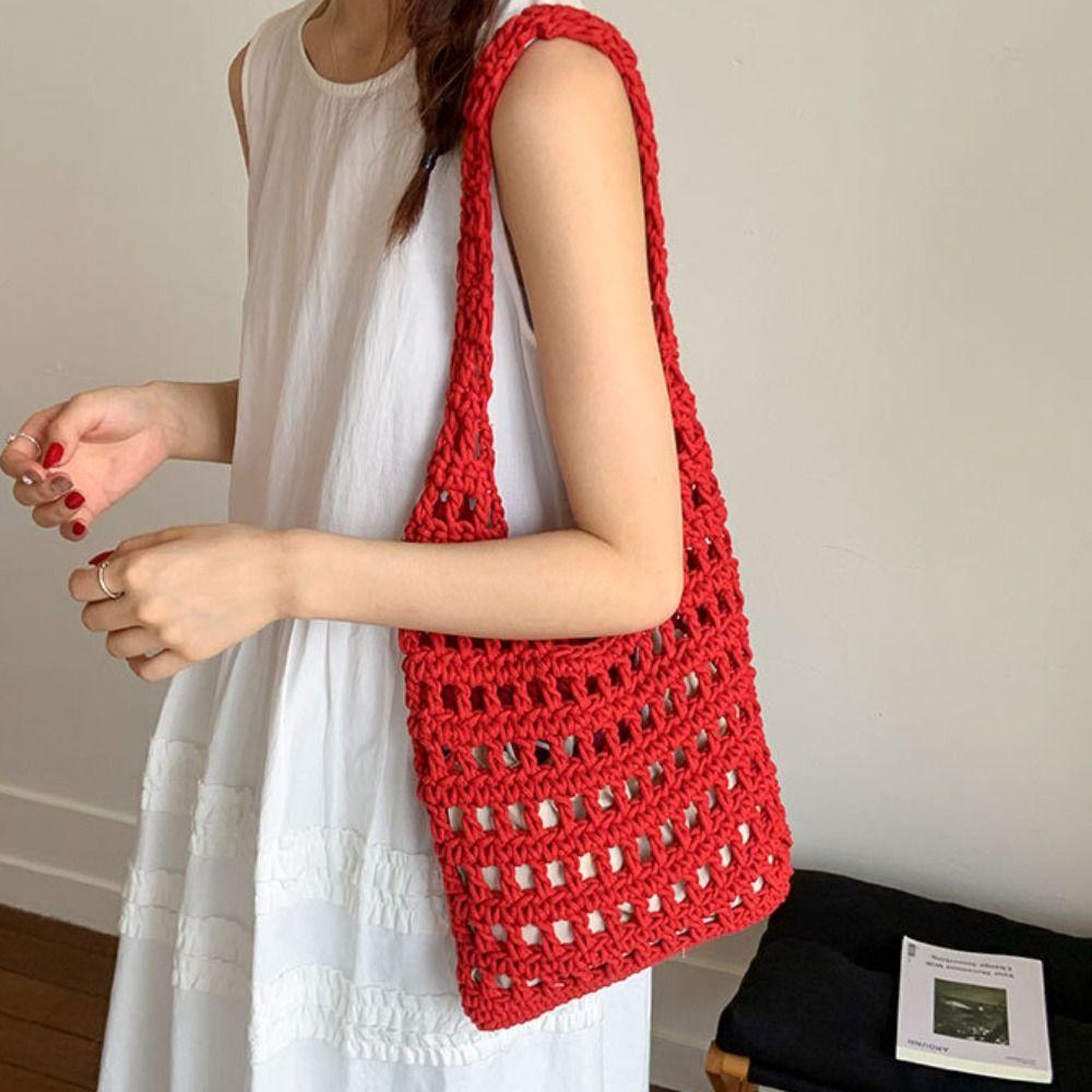 Braided Crochet Tote Bag Solid Color Beach Bag Fashion Hollow Out Knitted Weave Bag  Daily