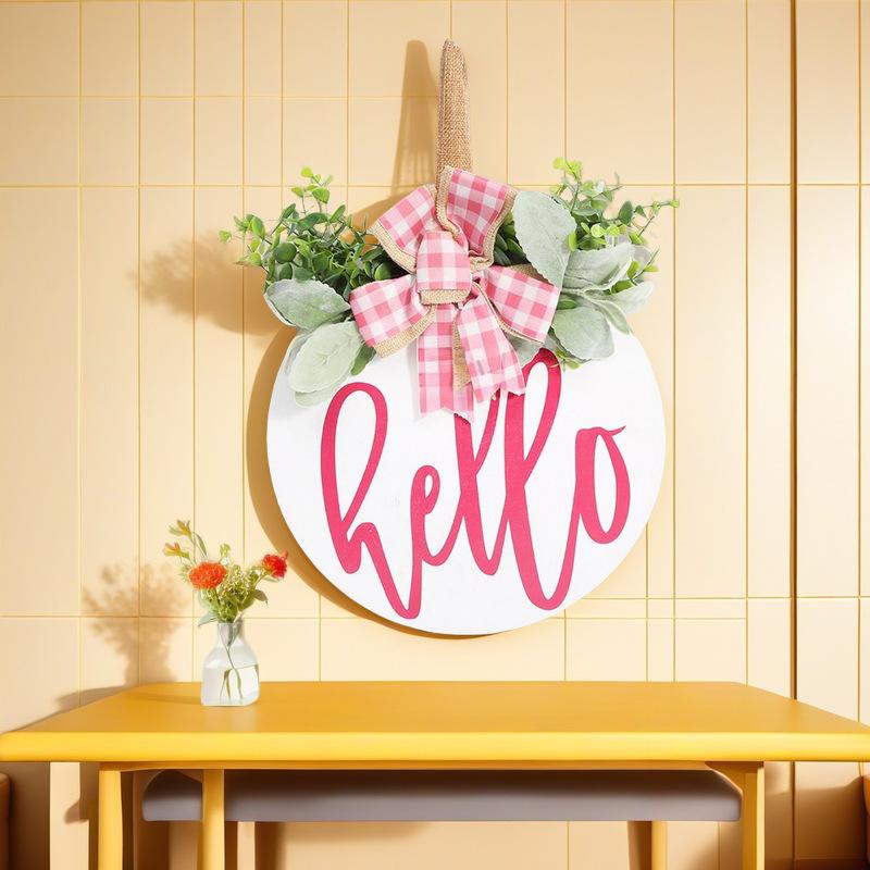 Wooden Round Welcome Sign Door Hanger with Bow Wreath Decoration for Home Entrance