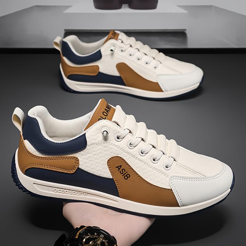 Men's Fashion Color Block Sneakers Casual Low-Top Lace-Up Shoes with Shock Absorption White/Brown/Orange Stripe Design, Ideal for All Seasons