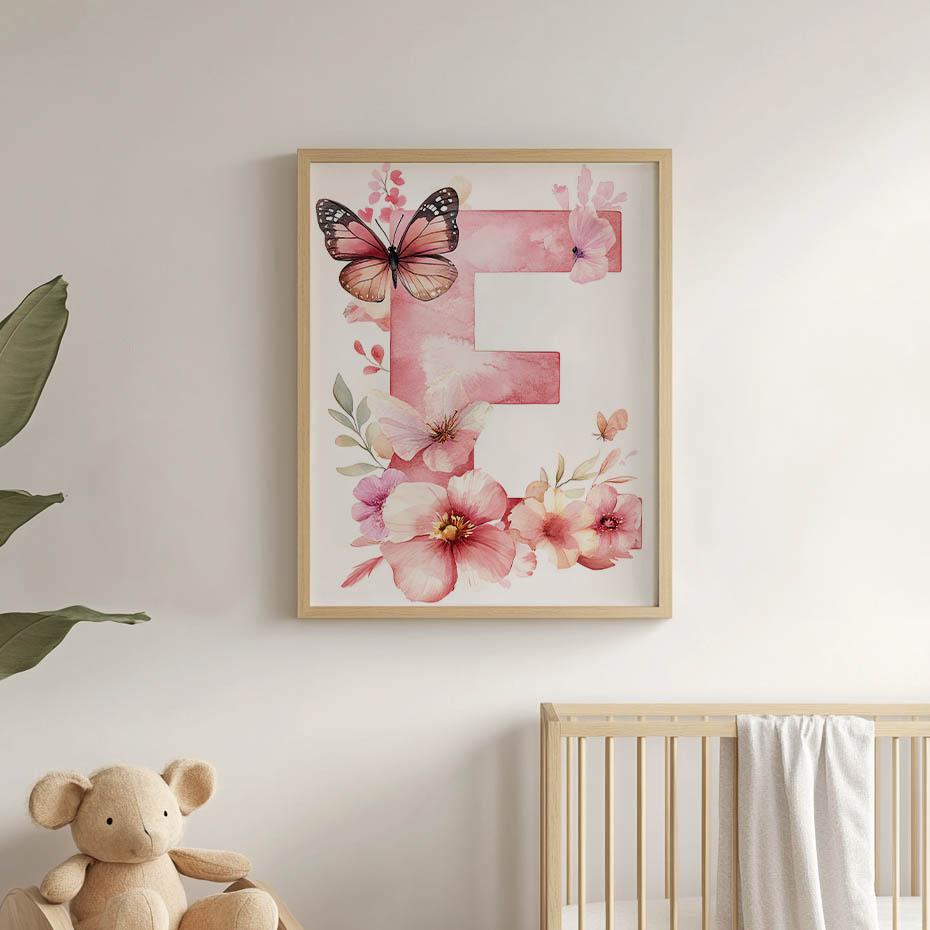 Plakat Kwiatowa Litera "E" Dla Małej Księżniczki Plakat Kwiatowa Litera "E" Dla Małej Księżniczki, 70X100 Cm, Rama Drewniana Jasny Dąb, Papier Matowy