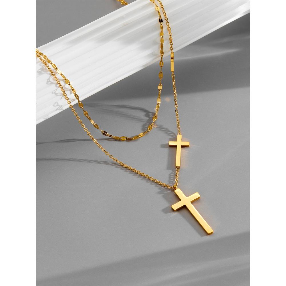 Fashion Titanium Steel Necklace Double Layer Design Exquisite Cross Pendant Female Hundred with The Trend of Personality Fashion Jewelry