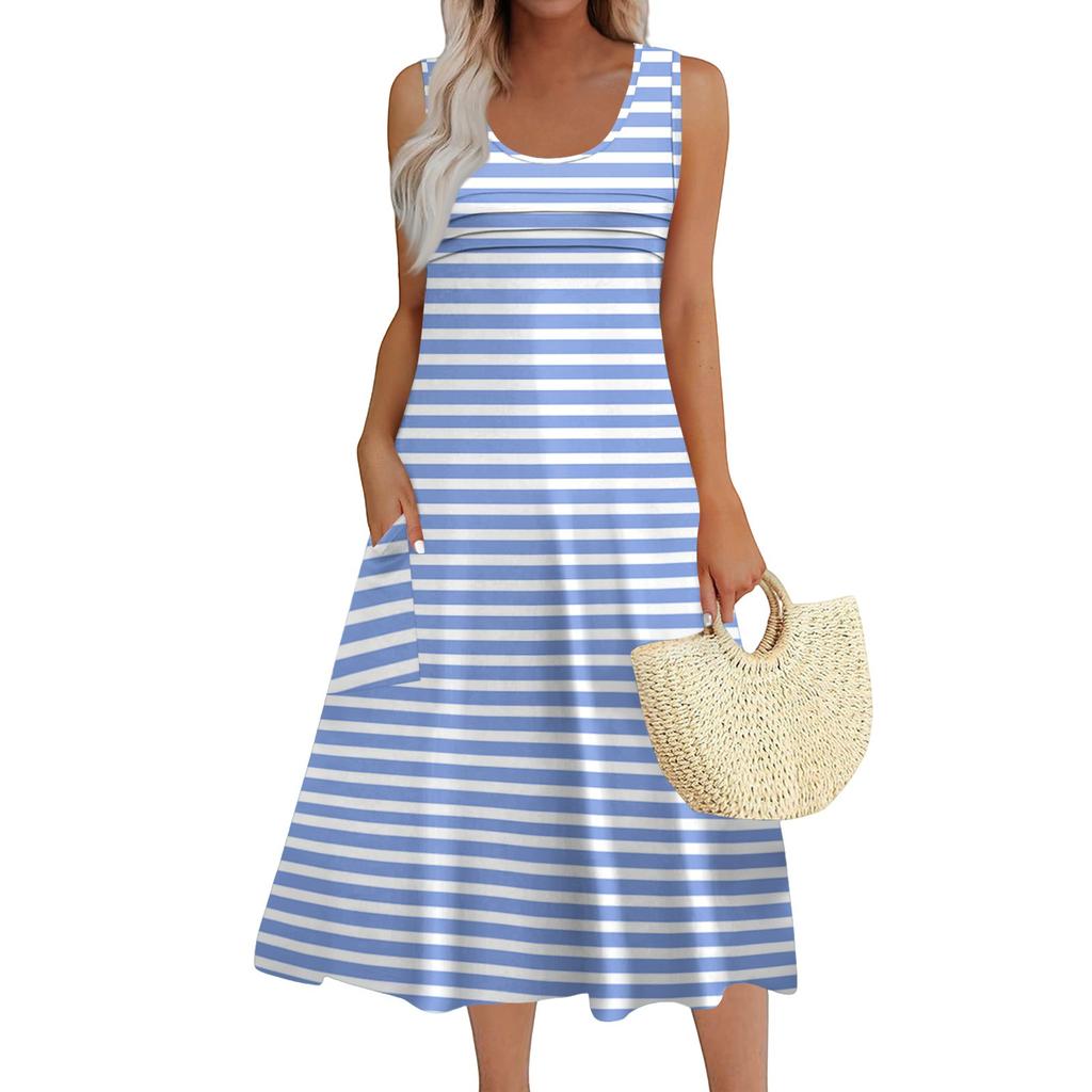 Women's Fashion Round Neck Sleeveless Pleated Beach Dress With Pockets Long Striped Printed Dresses