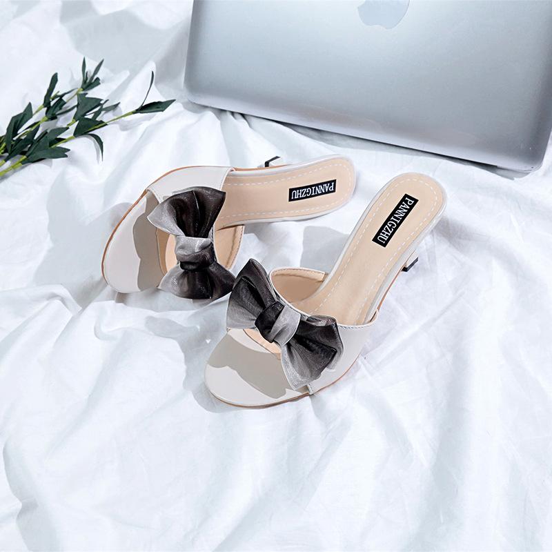 Rhinestone Transparent High Heel Bow Sandals 2024 Summer New Style Goddess Thin Heel Fashion Half Slippers for Outwear