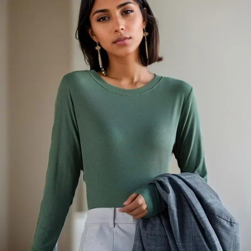 Herbst Y2K T-Shirt Mode Winter Lange-sleeve Bodenbildung Shirt Casual Frauen Oansatz Lose Kleidung Schwarz T-shirt Blusas 29769