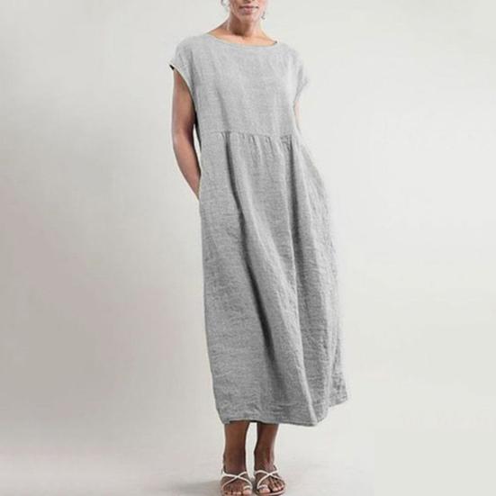 Women Dress Short Sleeve Casual Breathable Solid Color A-Line Dual Pockets Midi Dress for Daily Wear