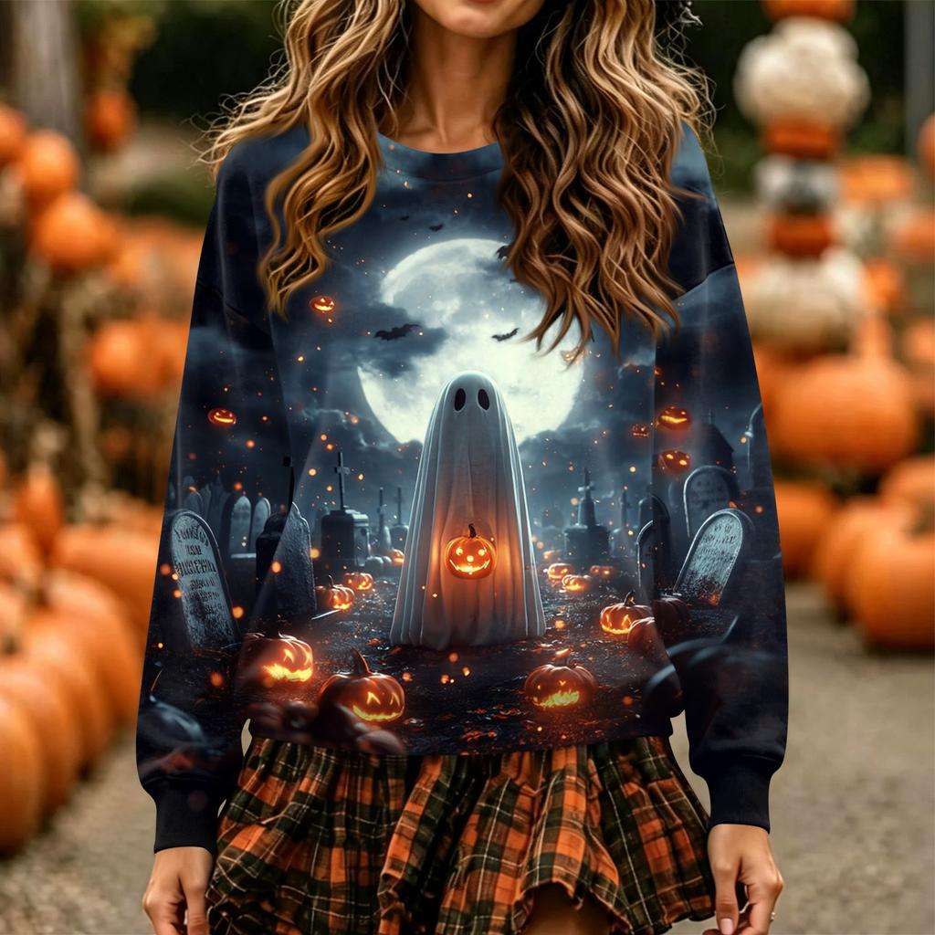 Women's Long Sleeve Halloween Print Neck Pullover Sweatshirt Top