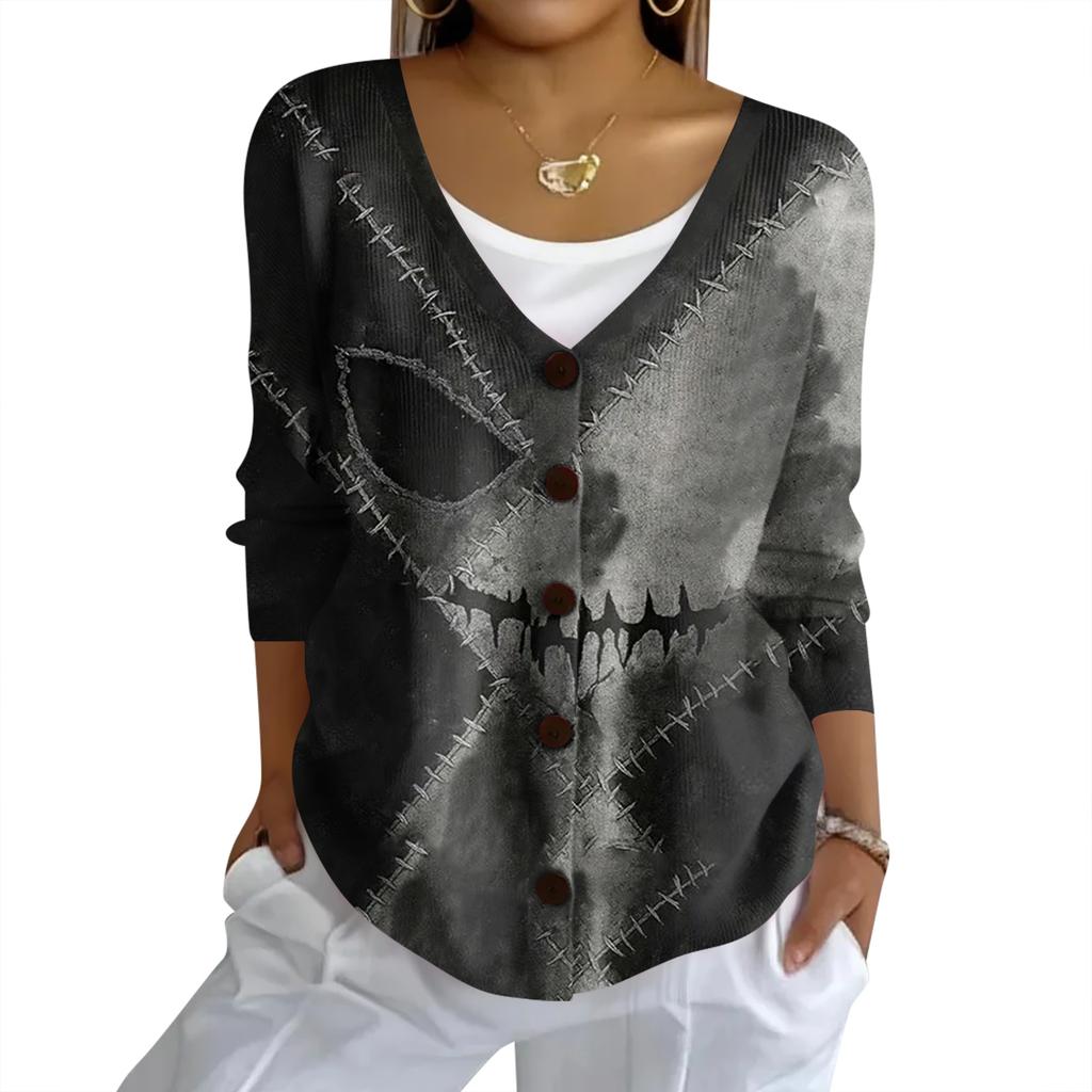 Women's Fashion Casual Knit Sweater Button-Up Halloween Printed  Cardigan Jacket